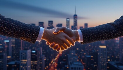 Professional business handshake over a glowing city skyline at twilight. Concept of global partnership, corporate success, and innovative digital agreements in a modern urban setting.