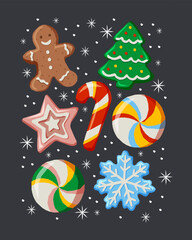Cozy Christmas vector illustration with festive cookies and candies: gingerbread man, Christmas tree, snowflake, candy canes, stars and sweets.