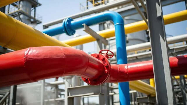 Colorful industrial pipelines in a modern facility showcasing a vibrant arrangement of red, yellow, and blue pipes amidst a high-tech environment.