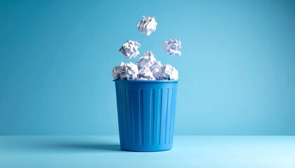 Blue bin with flying crumpled papers on light blue gradient background