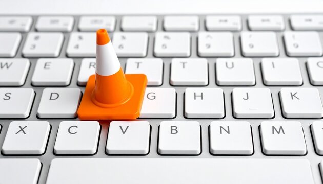 Mini traffic cone on &ldquo;V&rdquo; key of white keyboard symbolizing caution or playful digital reference