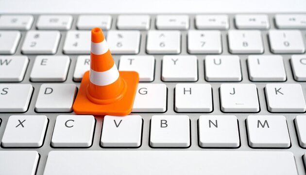 Mini traffic cone on &ldquo;V&rdquo; key of white keyboard symbolizing caution or playful digital reference