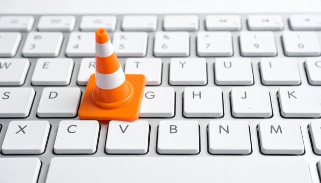 Mini traffic cone on &ldquo;V&rdquo; key of white keyboard symbolizing caution or playful digital reference