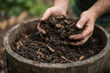 Two hands hold dark, rich soil and compost in a wooden bin. The setting shows a garden area with plants in the background under natural light, indicating a gardening task