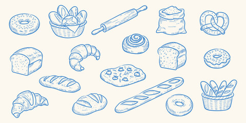 
Hand-drawn illustrations of bread and desserts, featuring a stylish minimalist blue line art style and a warm, comforting aesthetic, suitable for bakeries, packaging, and wallpaper design