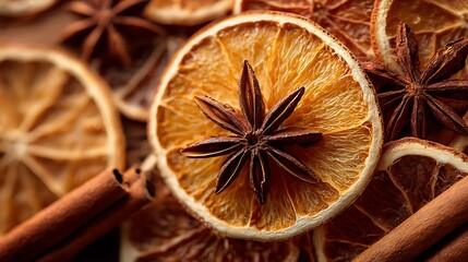 Dried Orange Slices and Anise Stars Closeup