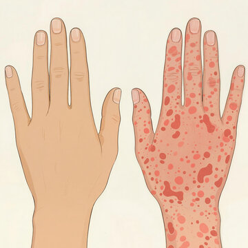 Illustration compares a healthy human hand next to a hand afflicted with a severe rash, depicting dermatological symptoms clearly.