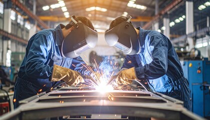 Industrial welding teamwork in protective gear, sparks flying in a factory setting.