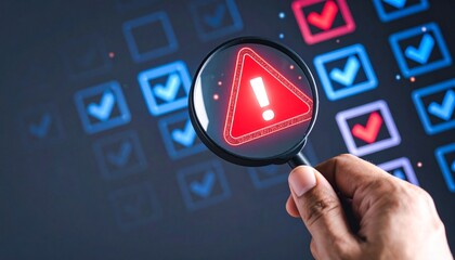 Magnifying glass highlighting digital warning icon amid verified checkmarks, symbolizing risk detection and anomaly analysis.