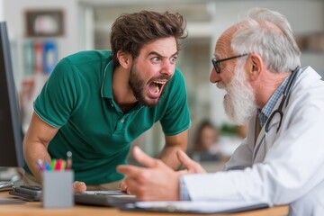 Fototapeta premium Furious Young Man Screaming in an Elderly Doctor's Face