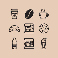 Cafe Breakfast Icons with Water Bottle and Coffee Beans
