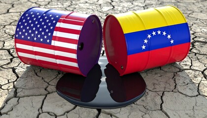 Oil barrels painted with US and Venezuela flags spill onto cracked ground symbolizing geopolitical tension