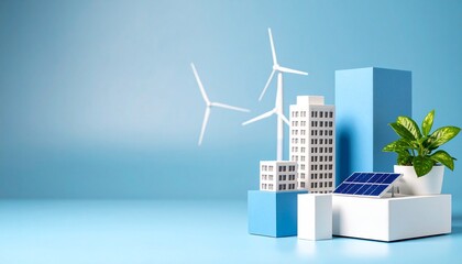 Naklejka premium Miniature sustainable city with wind turbines, solar panels, and greenery on blue backdrop.
