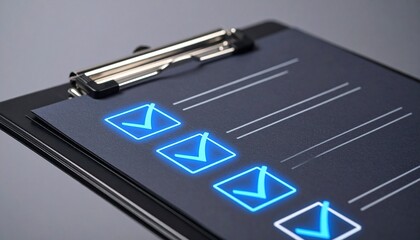 Digital checklist on clipboard with glowing blue checkmarks, symbolizing task completion and workflow efficiency.