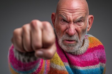 Angry Bald Senior Man Threatening with His Fist to the Camera