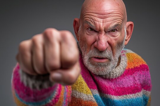 Angry Bald Senior Man Threatening with His Fist to the Camera