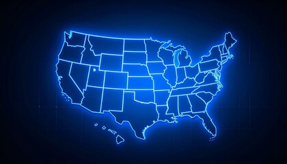 Glowing digital USA map with state outlines on dark grid background
