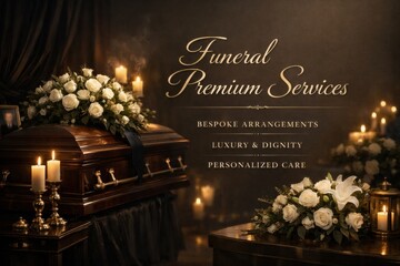 Funeral Service Offering Premium Arrangements With Flowers, Candles, and a Casket in a Dimly Lit Setting for Honoring Loved Ones at Farewell