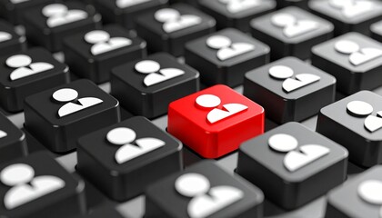 Red standout key among black keys with person icons symbolizing individuality and uniqueness