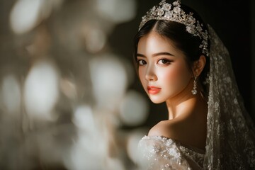 Elegant Young Woman in Bridal Gown with Crystal Tiara and Lace Veil