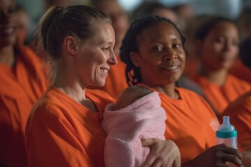 Smiling Female Inmate in Prison Holding a Newborn Baby