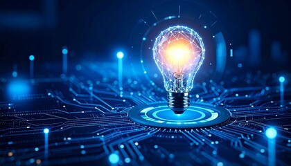 Glowing light bulb on digital circuit board symbolizing innovation intelligence and technological integration