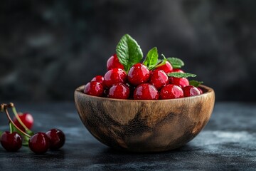 Fresh Ripe Cherries with Mint Leaves in a Rustic Wooden Bowl on Dark Background