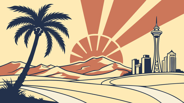 Las vegas skyline set against desert backdrop suitable for travel destinations, cityscape features, vacation brochures, and tourism campaigns.