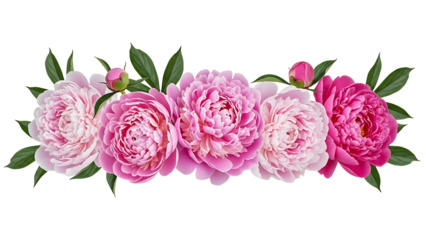 Delicate pink peonies with green leaves isolated on transparent background