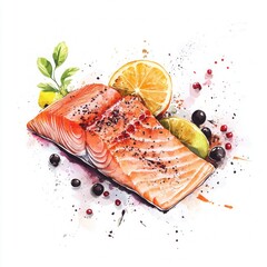 Watercolor salmon fillet with lemon, lime and spices isolated on white background