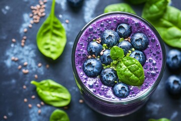 Top view of healthy blueberry smoothie with fresh spinach, flaxseeds and blueberries in a glass