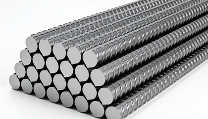 Stacked steel rebar rods in triangular formation with ribbed texture symbolizing structural strength and construction integrity