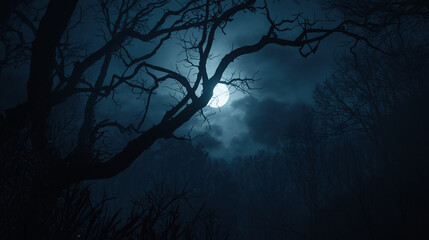A dark, moody nighttime forest scene with a large full moon glowing brightly in a cloudy sky. Twisted, leafless tree branches stretch across the frame in silhouette, partially framing the moon. Thick 