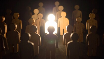 Illuminated wooden figure in dark crowd symbolizing uniqueness leadership and personal distinction