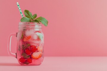 Refreshing Strawberry Mojito with Ice and Mint in Mason Jar on Pink Background