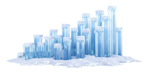 A Stunning Natural Formation of Tall Blue Ice Pillars and Columns Adorned with Fresh Snow and Icicles, Isolated on a Transparent Background.
