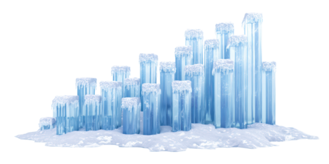 A Stunning Natural Formation of Tall Blue Ice Pillars and Columns Adorned with Fresh Snow and Icicles, Isolated on a Transparent Background.