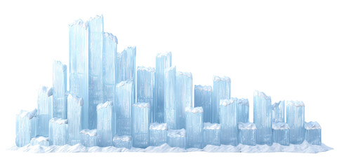 A Beautiful Fantasy Ice Castle Made from Towering Frozen Pillars and Crystalline Columns Covered with Snow on a Transparent Background.