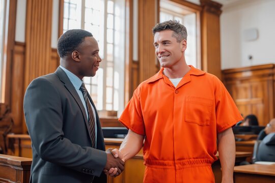 Vindicated Male Prisoner Shaking Hands with His Lawyer in Court