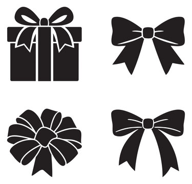 Flat icon gift bow set featuring different ribbon styles and a present for celebratory occasions
