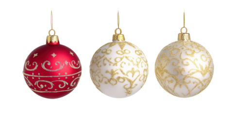 Three Festive Christmas Ball Ornaments, One Red with Silver Glitter and Two White with Gold Glitter, Are Arranged in a Row on a Transparent Background.
