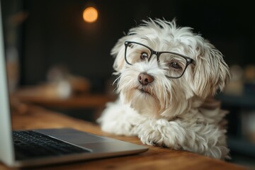 Smart White Dog with Glasses Looking at a Laptop