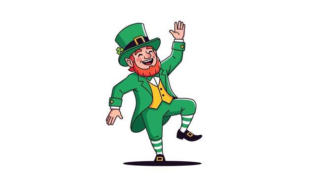 Happy Leprechaun Dancing in Green Costume with Top Hat and Clover, St. Patrick's Day
