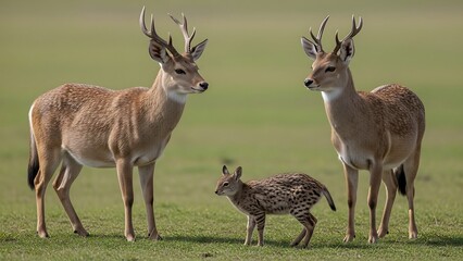 Two adult deer with young fawn.