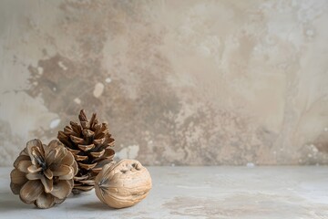 Minimal Still Life with Pinecone and Nuts on Neutral Background