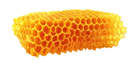 A Detailed Closeup of a Natural Golden Yellow Beeswax Honeycomb with Its Perfect Hexagonal Cell Structure from a Beehive on a Transparent Background.