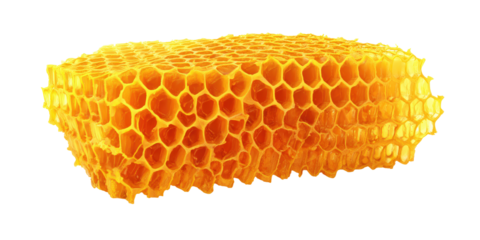 A Detailed Closeup of a Natural Golden Yellow Beeswax Honeycomb with Its Perfect Hexagonal Cell Structure from a Beehive on a Transparent Background.