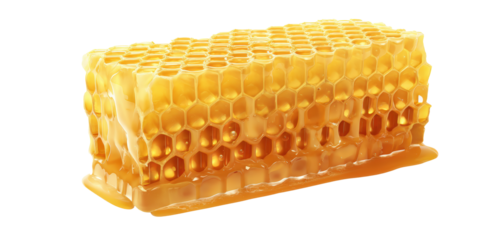 A Realistic Close Up of a Natural Honeycomb Piece Filled with Glistening Golden Honey and Dripping Viscous Syrup Isolated on a Transparent Background.