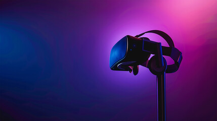 metaverse concept, vr headset against neon background , technology banner with place for text