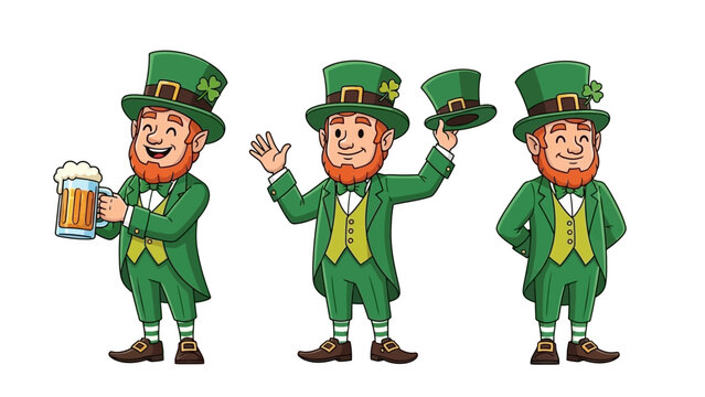 Three Cartoon Leprechauns in Green Outfits Celebrating St. Patrick's Day